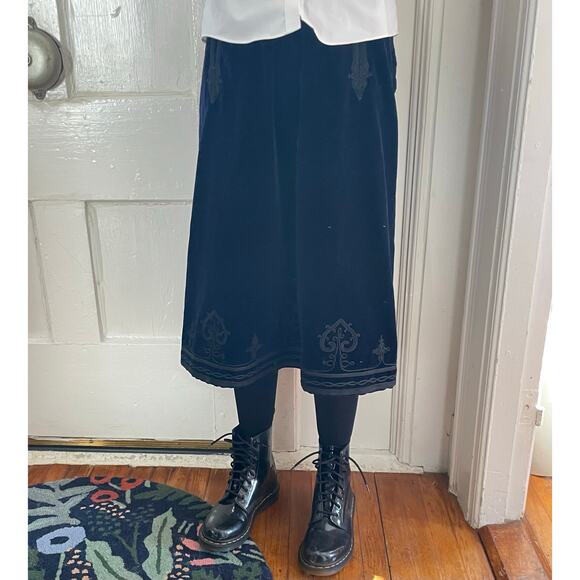 Vintage Yves Saint Laurent Rive Gauche Sz 10 Blue Velvet Black Corded Trim Skirt - Picture 4 of 13